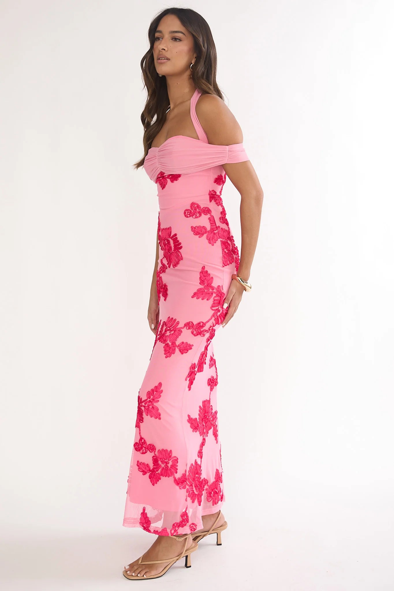 Fleurie Halter Off-Shoulder Maxi Dress Embellished Pink
