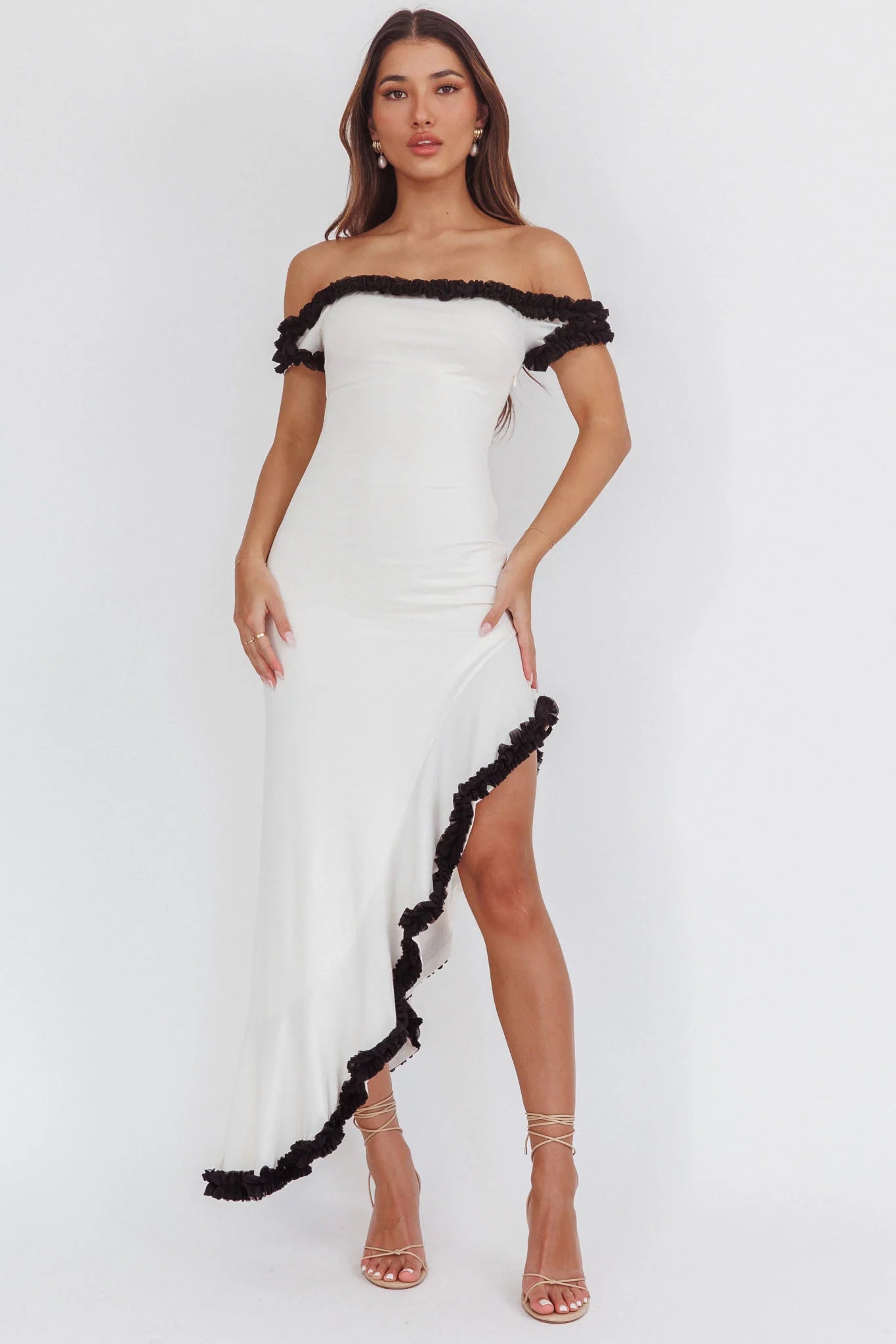 Shake It Off Asymmetric Off-Shoulder Dress Cream