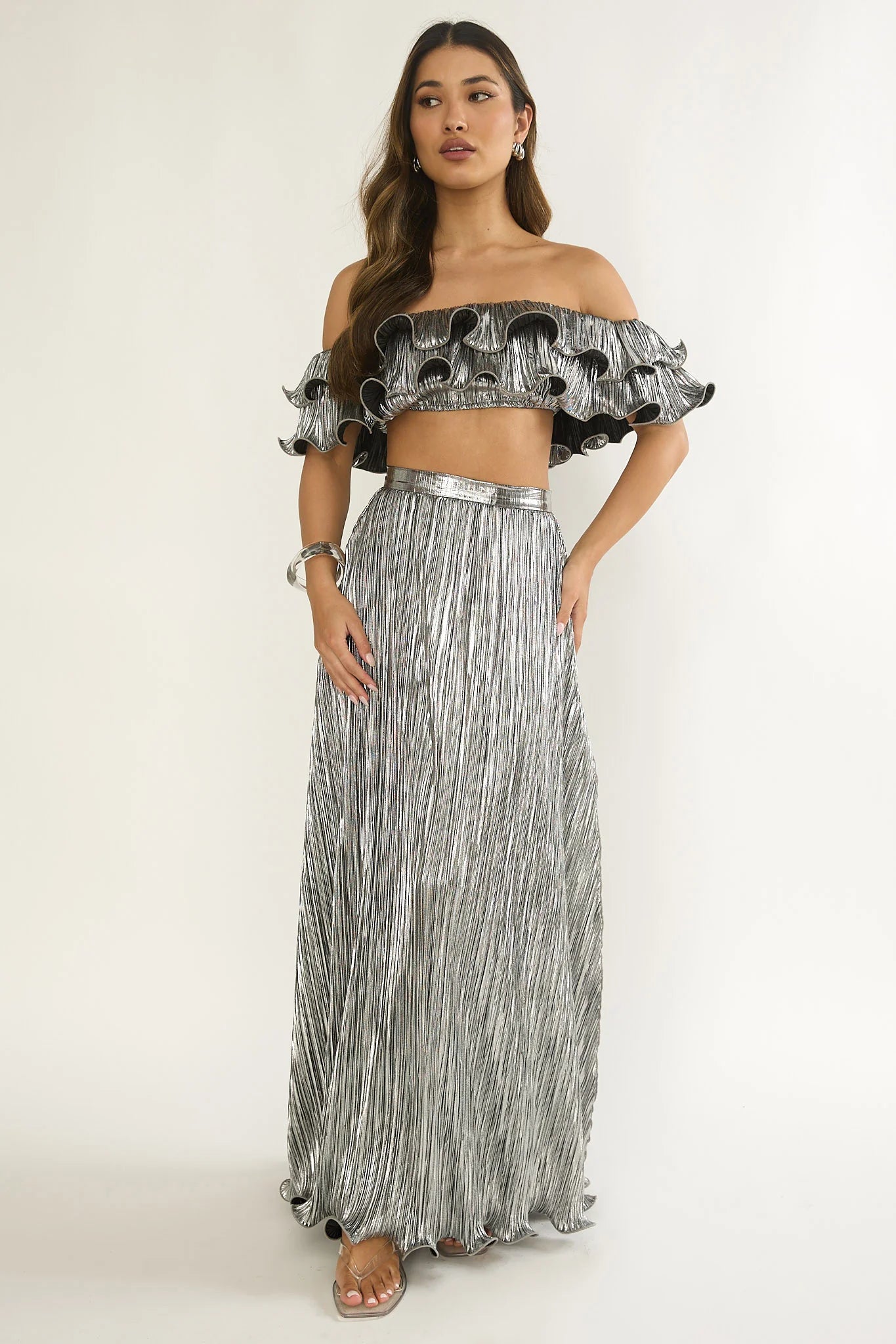 Amaria Lettuce Edge Maxi Skirt Silver