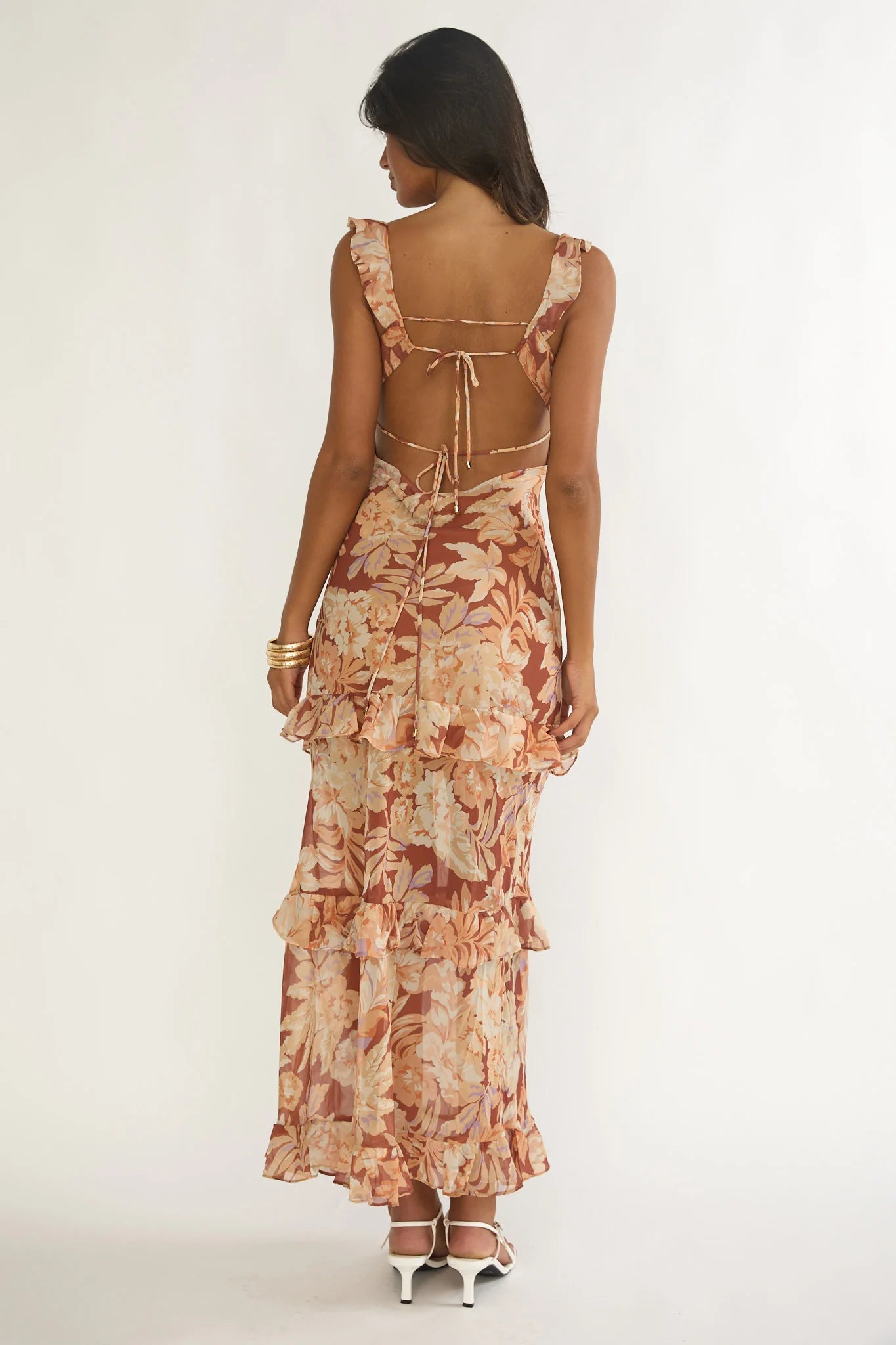 Dorise Tied Back Ruffle Maxi Dress Floral Yellow