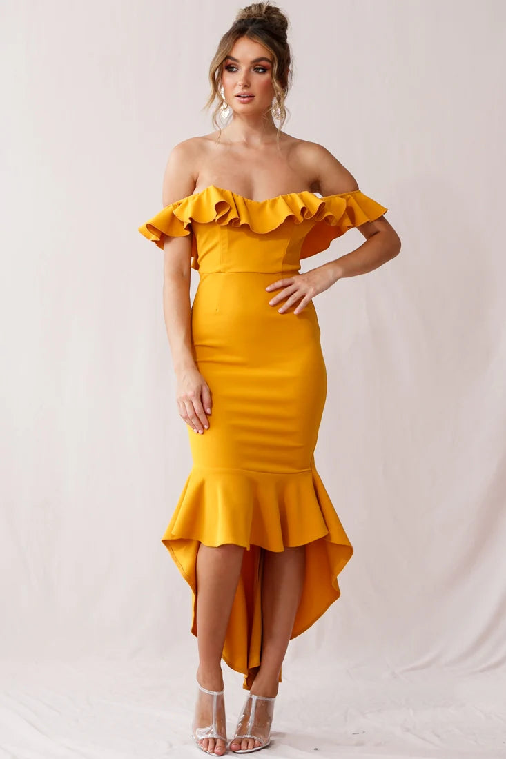 Cloud 9 Bardot Neckline Corset Back Dress Mustard