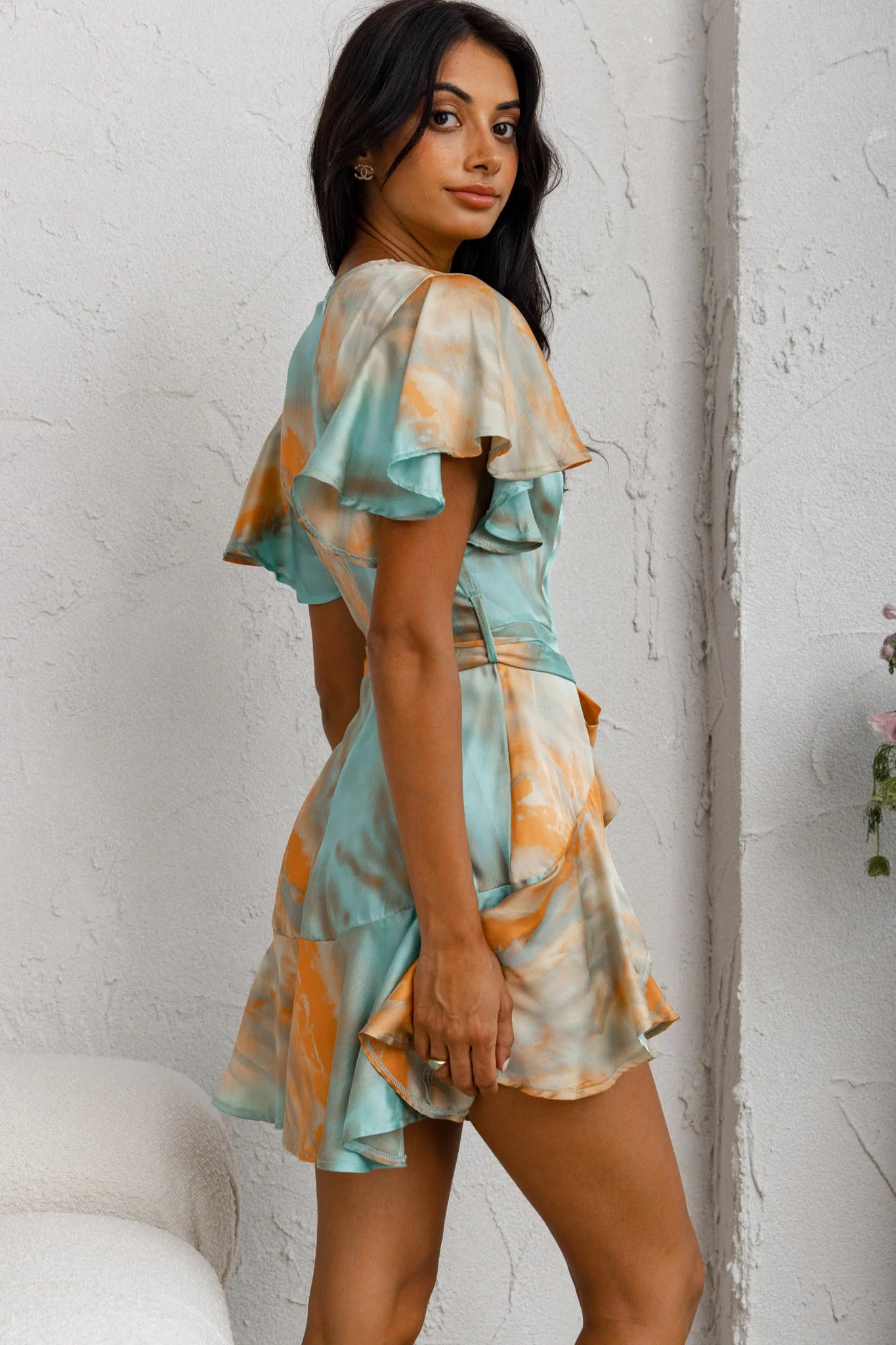 Cami Angel Sleeve Faux Wrap Dress Tie-Dye Print Aqua/Orange