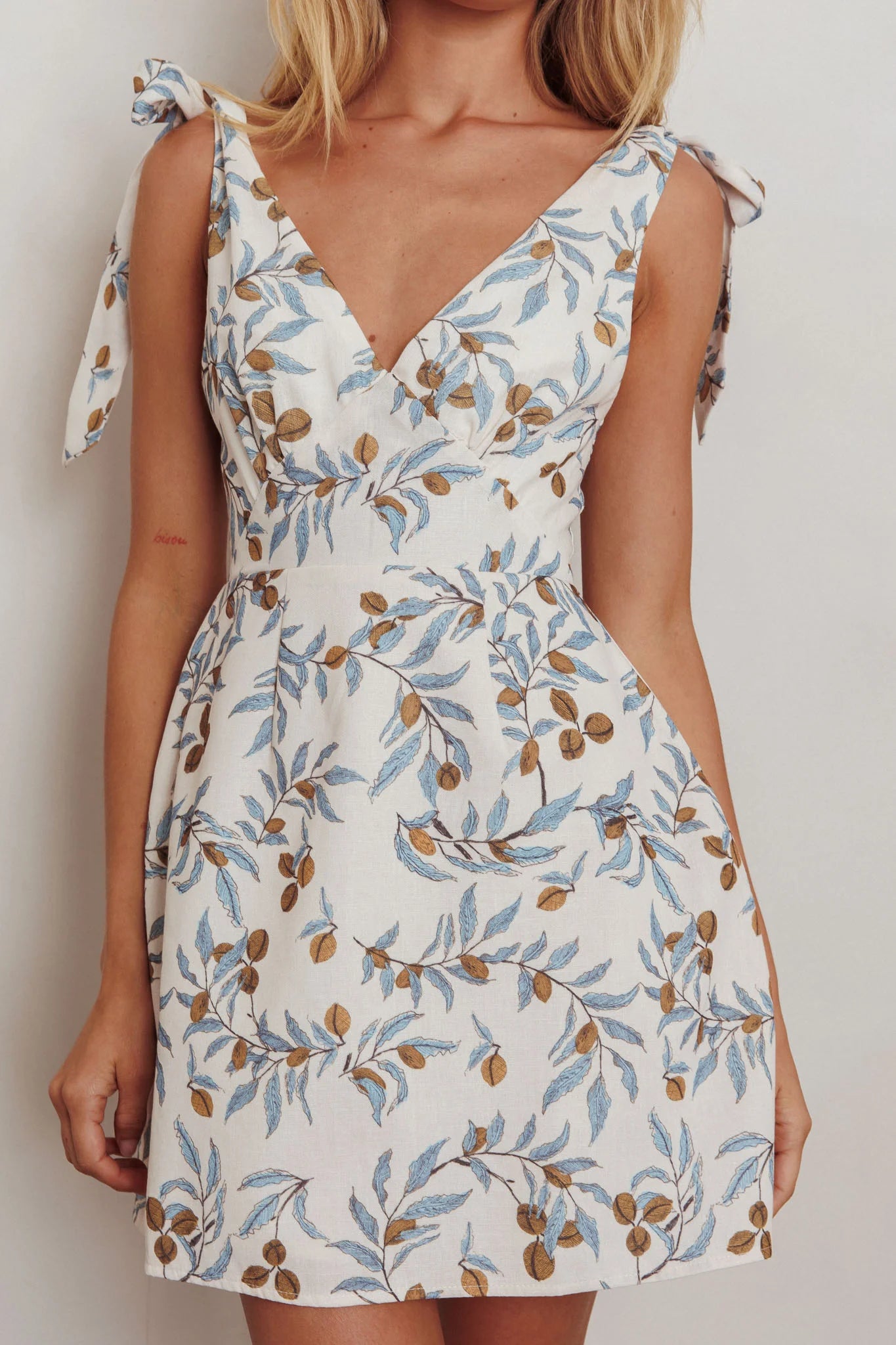 Glam Up Tied Shoulder Mini Dress Leaves Beige