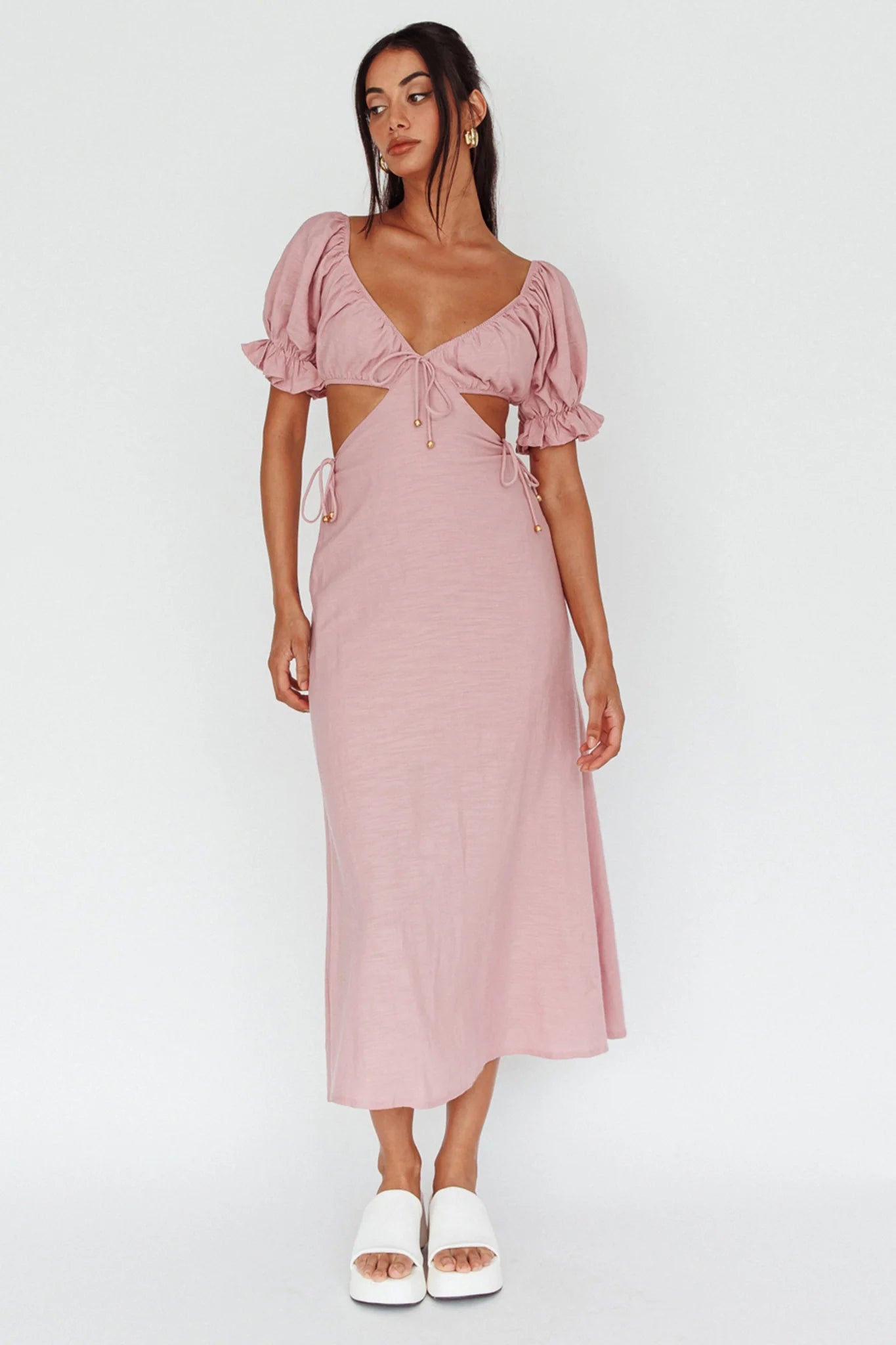 Fancy Free Puff Sleeve Midi Dress Blush