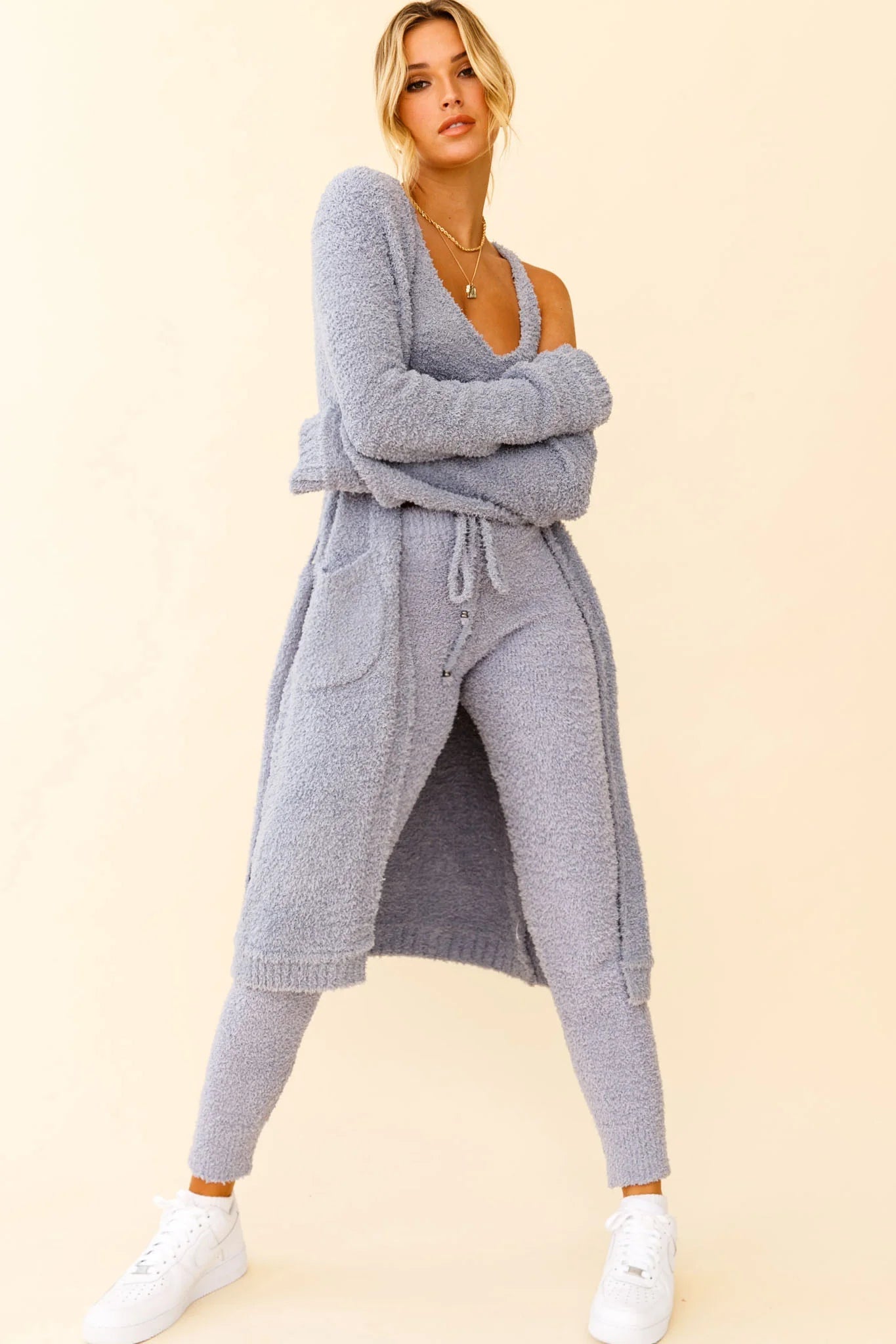 My Girl Fuzzy Knit Jogger Pants Steel Blue