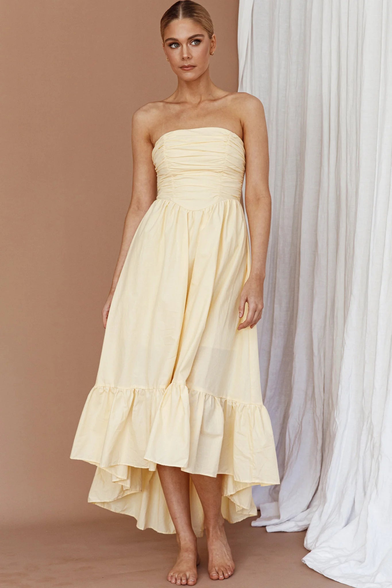 Sunday Mornings Ruched Bust Midi Dress Lemon