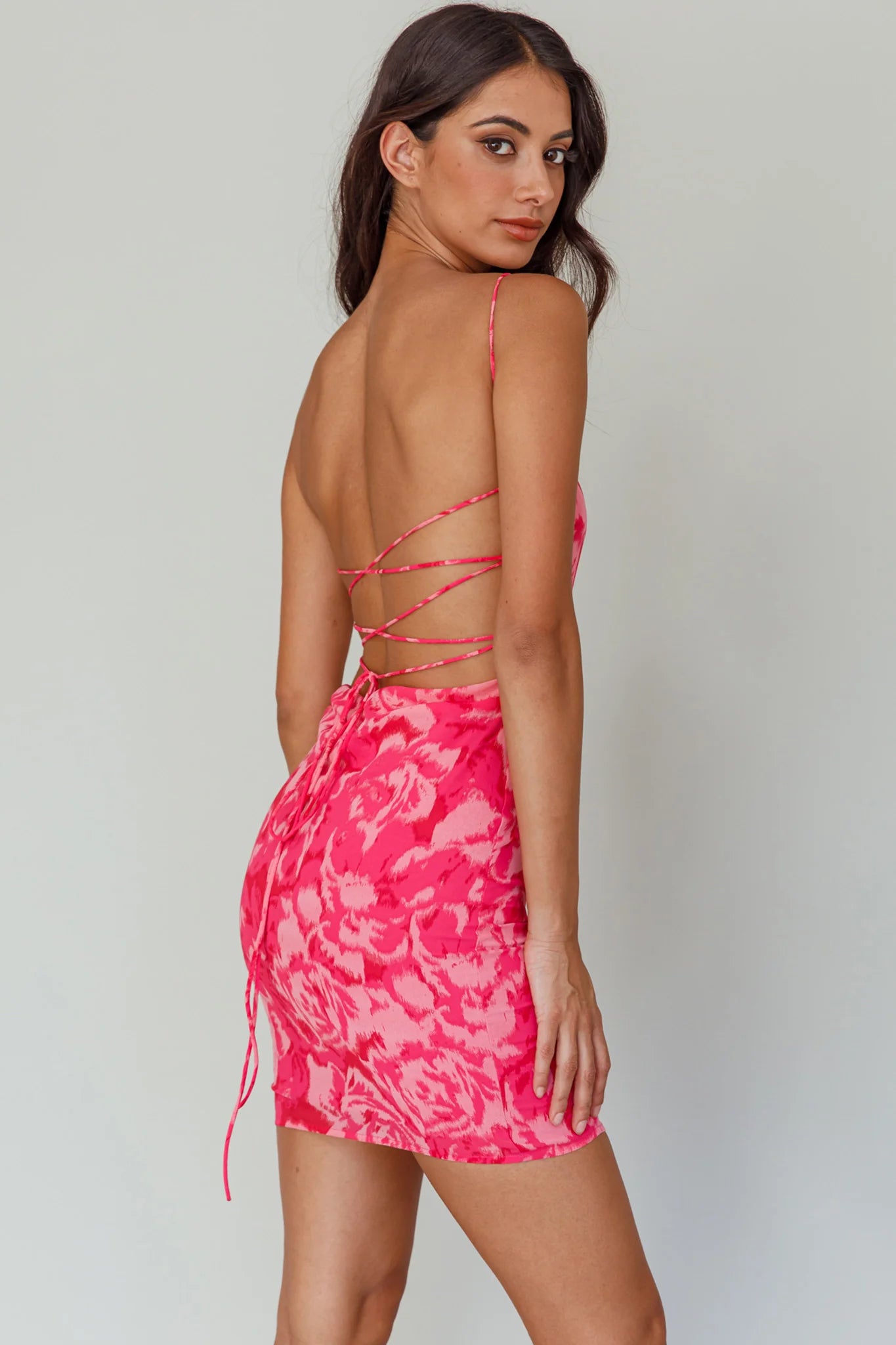 Spring Fever Lace-Up Back Mini Dress Floral Pink