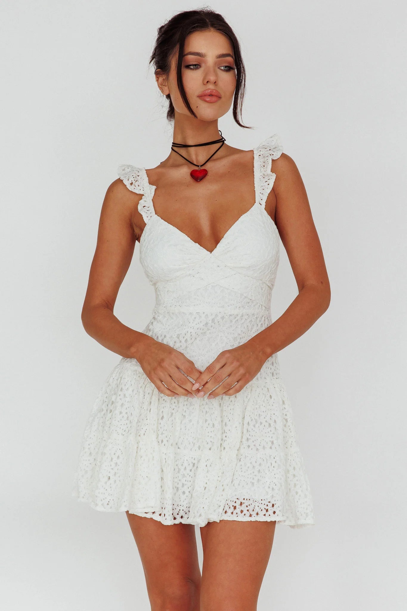 Short Notice Ruffle Strap Lace Mini Dress White