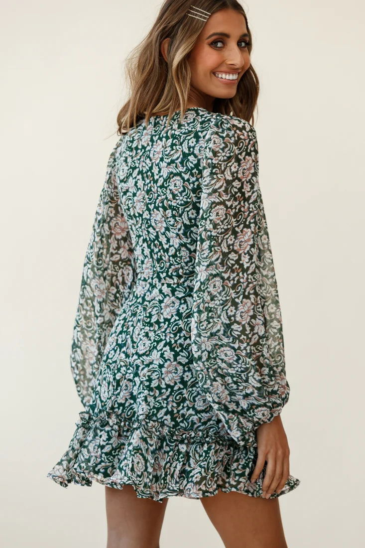 Mirabelle Long Balloon Sleeve Ruffle Hem Dress Floral Print Olive
