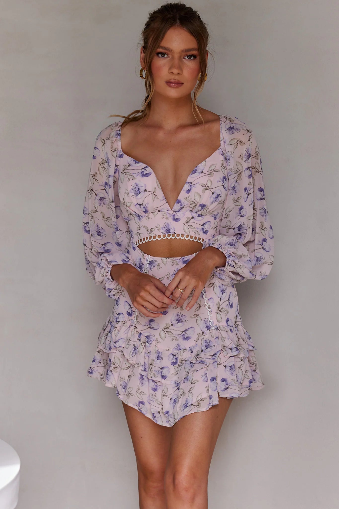 Dearly Beloved Balloon Sleeve Layered Frill Hem Dress Flower Print Blush
