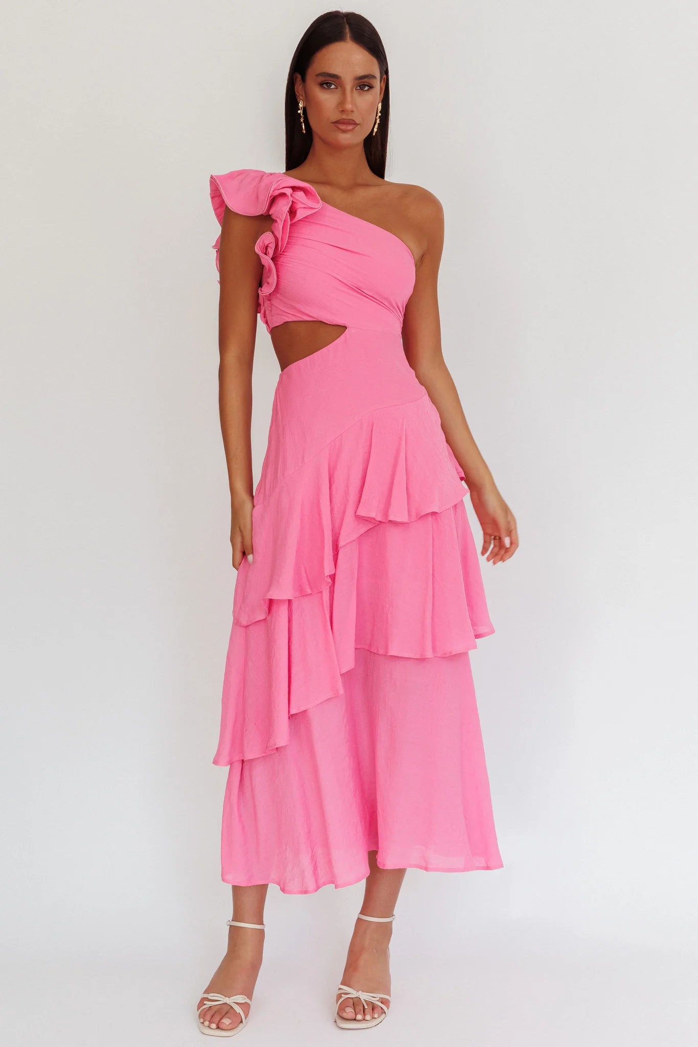 Deanna One-Shoulder Tiered Maxi Dress Pink
