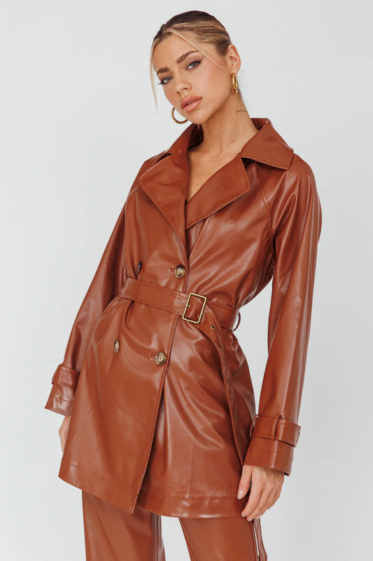 Noa Faux Leather Belted Jacket Terracotta