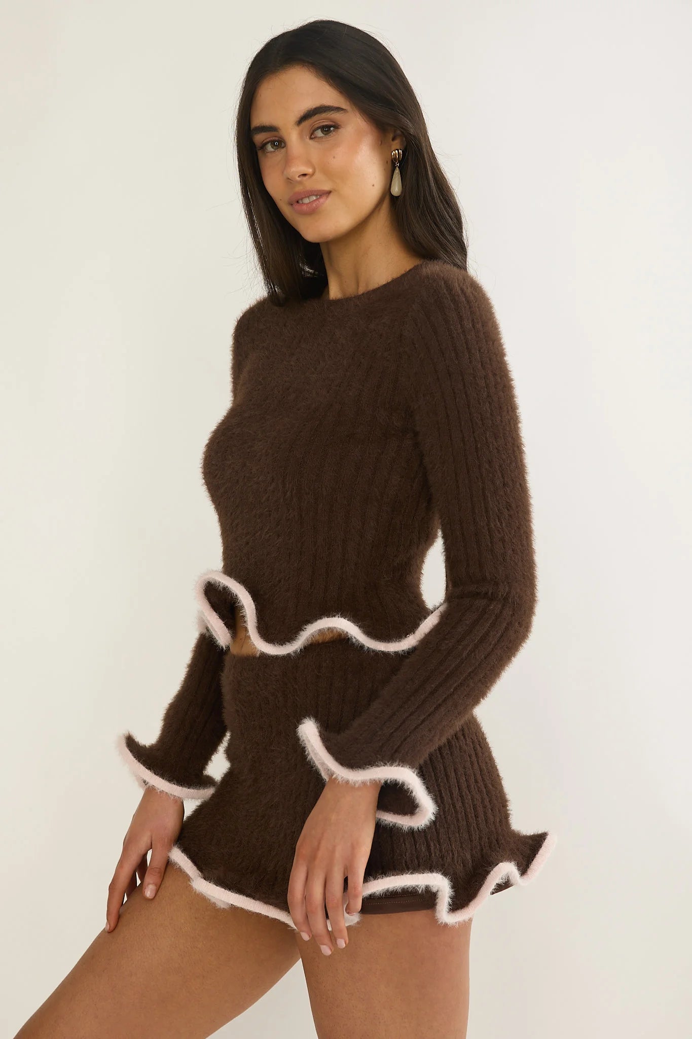Pailin Lettuce Edge Knit Top Brown
