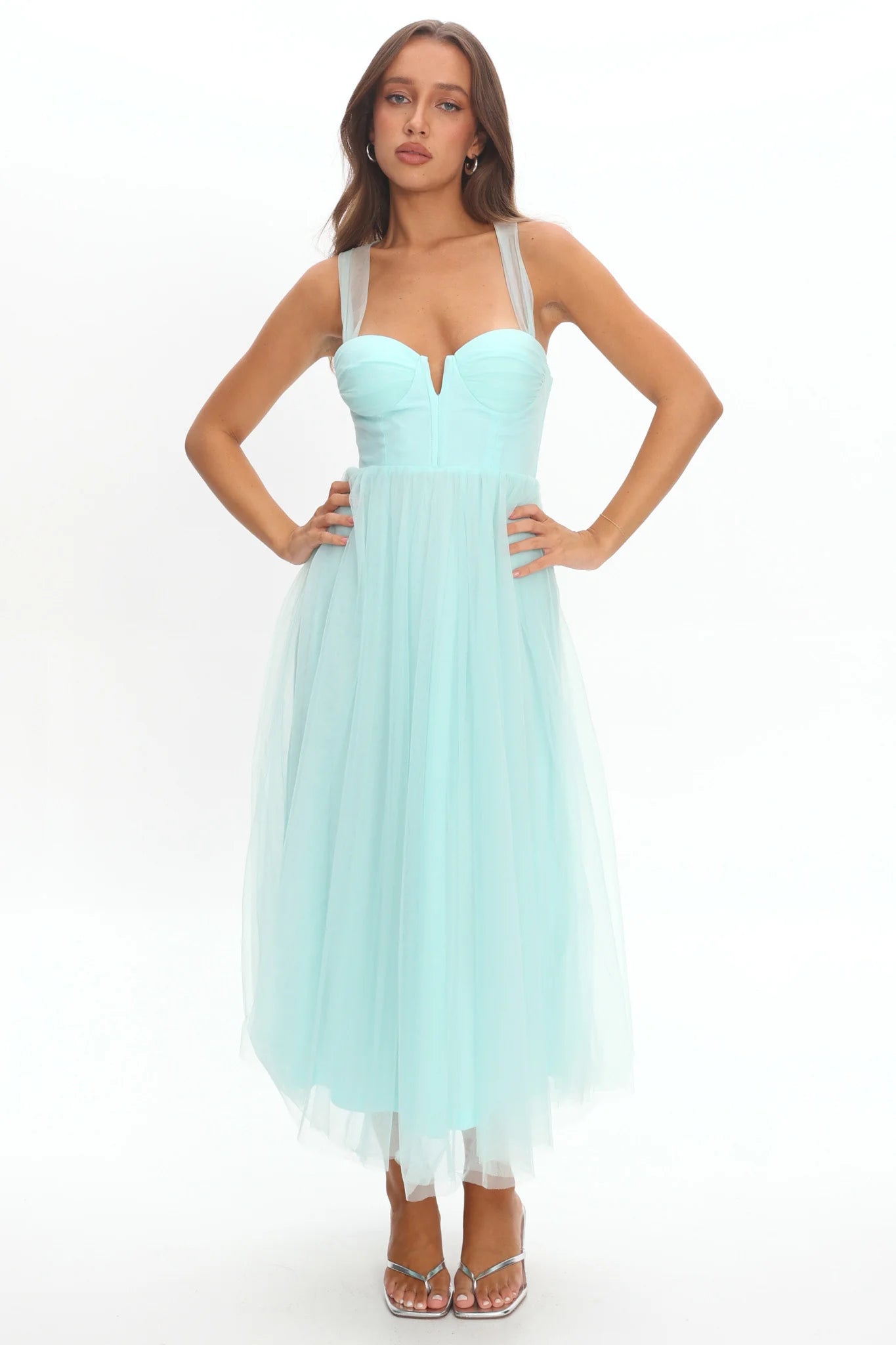 Surreal Lace-Up Back Tulle Midi Dress Mint