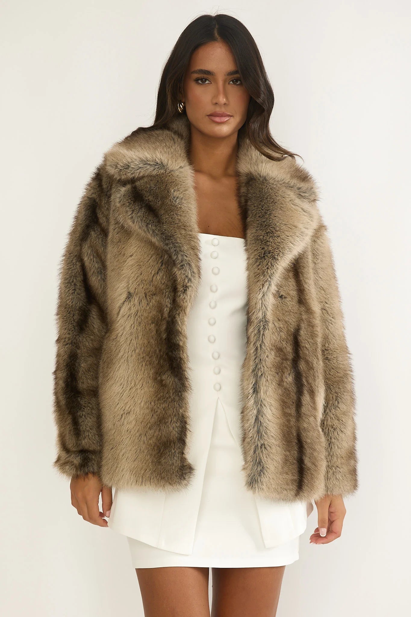 Soraya Notch Lapel Faux Fur Coat Brown