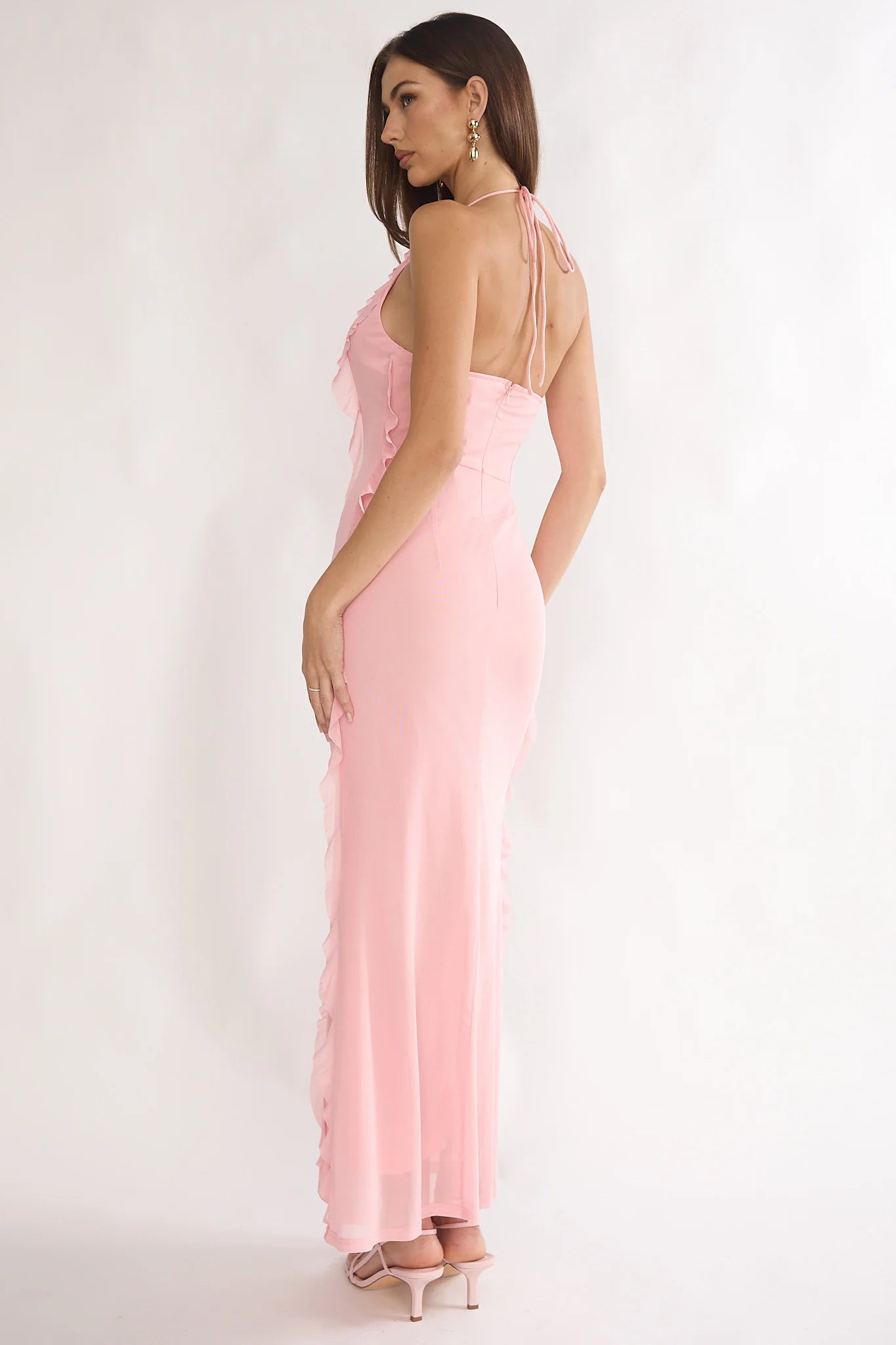 Collins Halter Ruffle Trim Maxi Dress Pink