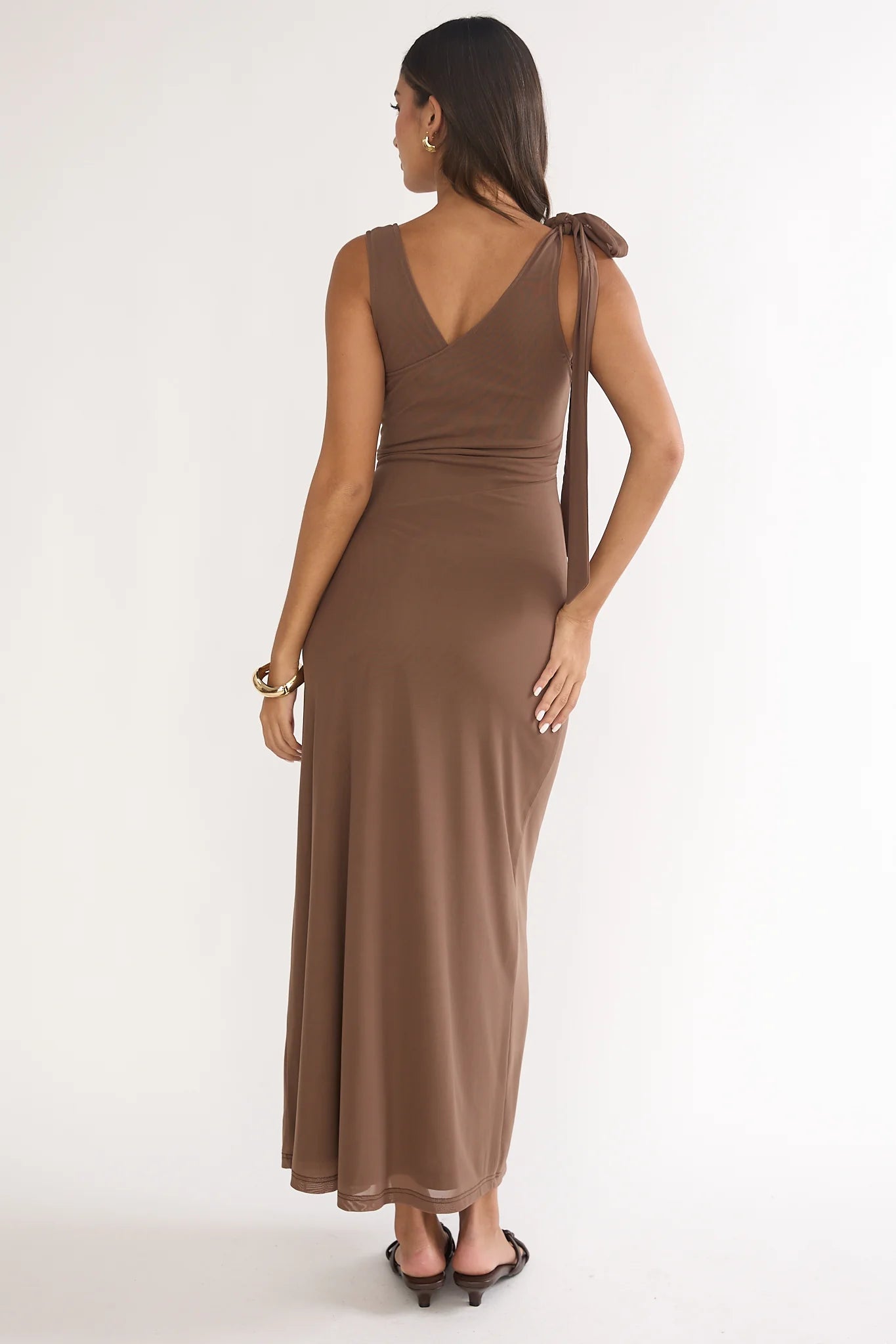 Cavelle Tie Shoulder Mesh Maxi Dress Chocolate