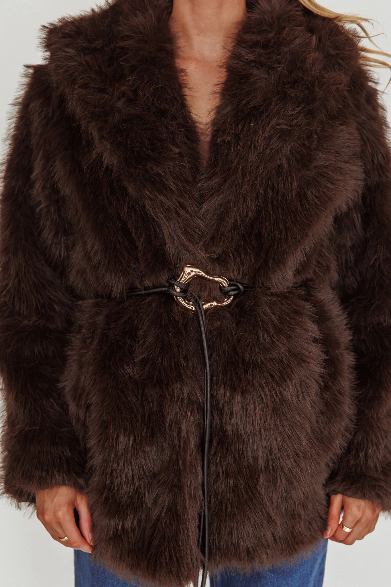 Brisa Belted Lapel Coat Faux Fur Brown