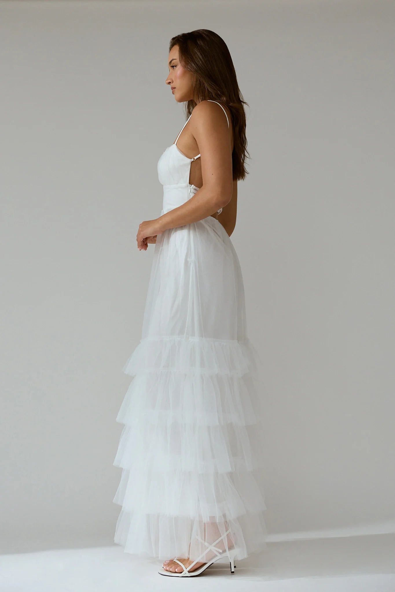 Nerida Twist Back Frill Trim Mesh Maxi Dress White