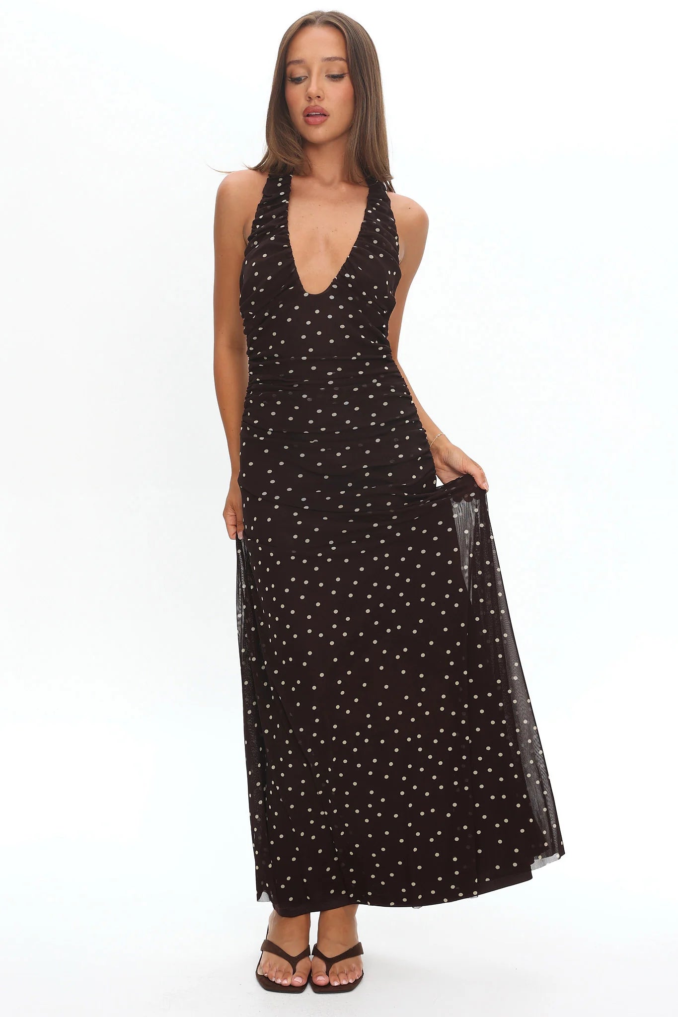 She's The Moment Plunging Halter Maxi Dress Polka Dot Brown