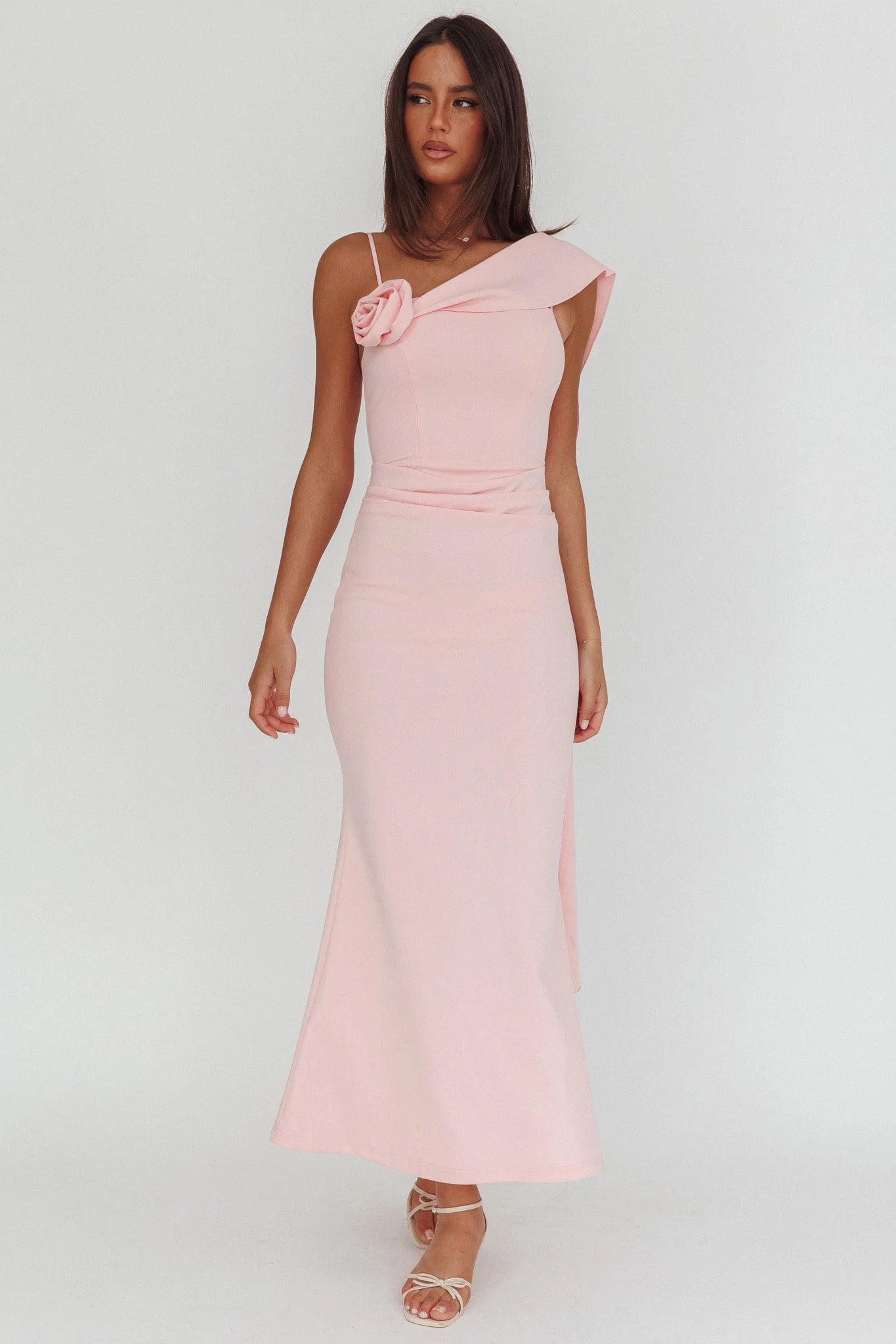 Sugar High Asymmetric Shoulder Drape Maxi Dress Pink