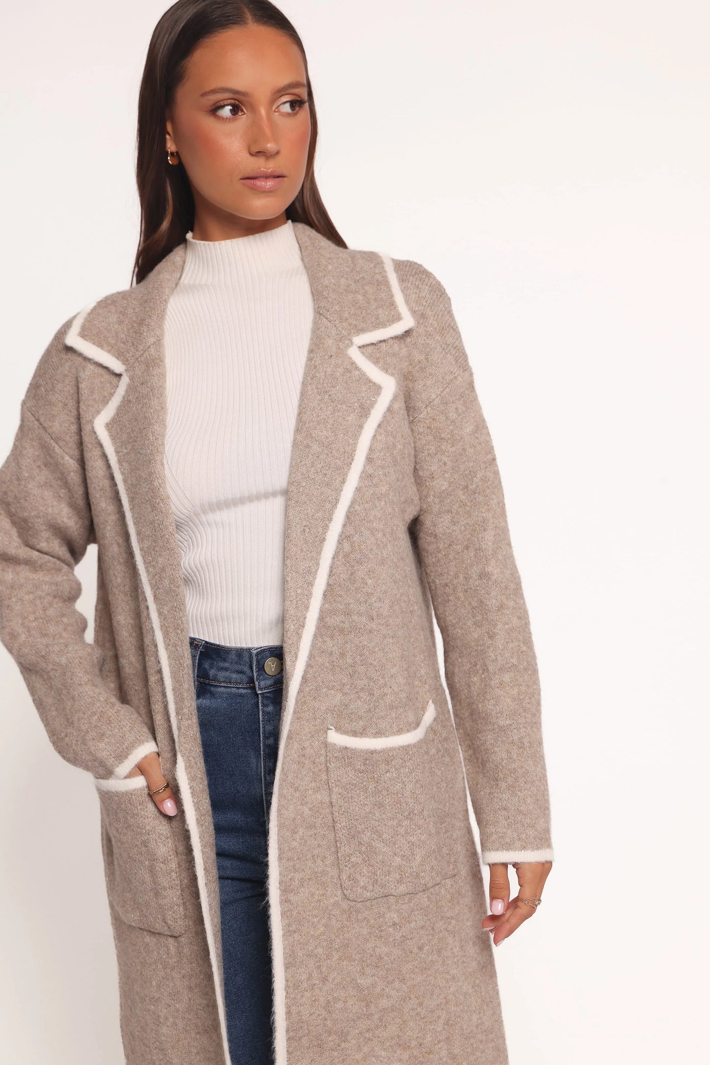 Katia Contrast Trim Coatigan - Beige