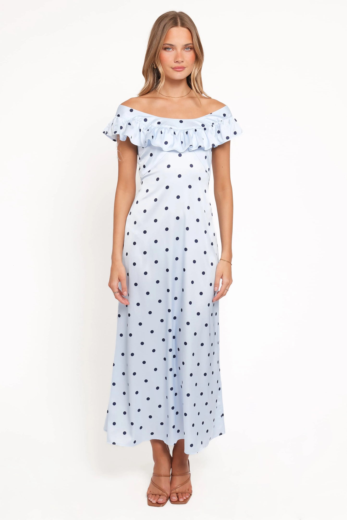 Manaris Off Shoulder Maxi Dress - Blue Polka Dot