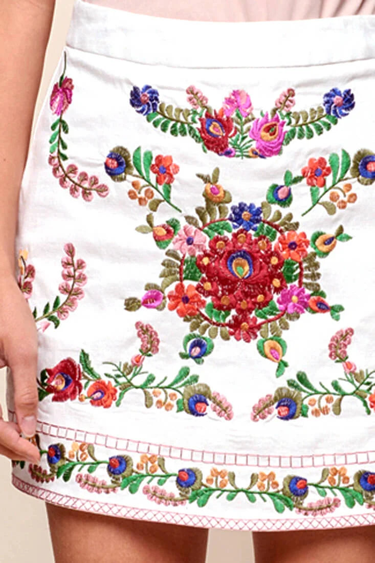 Nina San Lucas Floral Embroidered Mini Skirt White