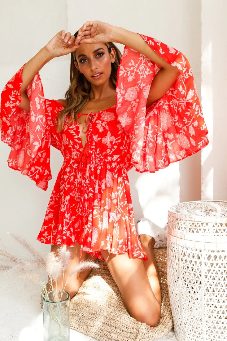 Fiona Drawstring Floral Romper Red