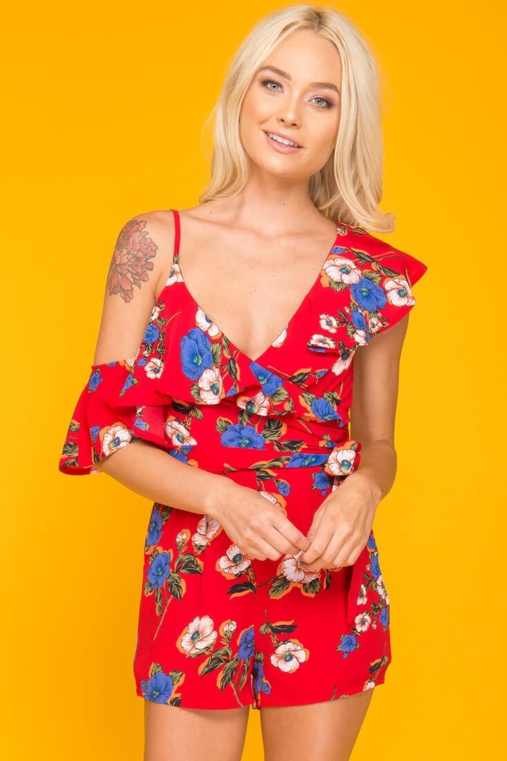 Daleyza Ruffled Floral Romper Red & Blue