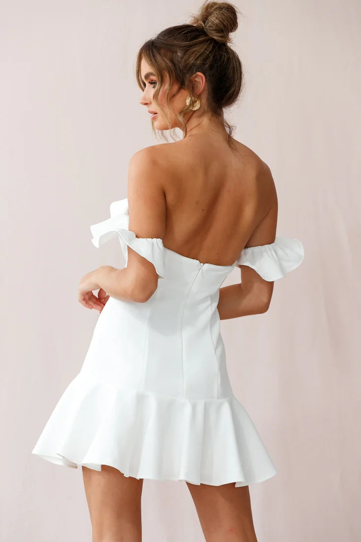 Ondine Bardot Neckline Fluted Hem Dress White