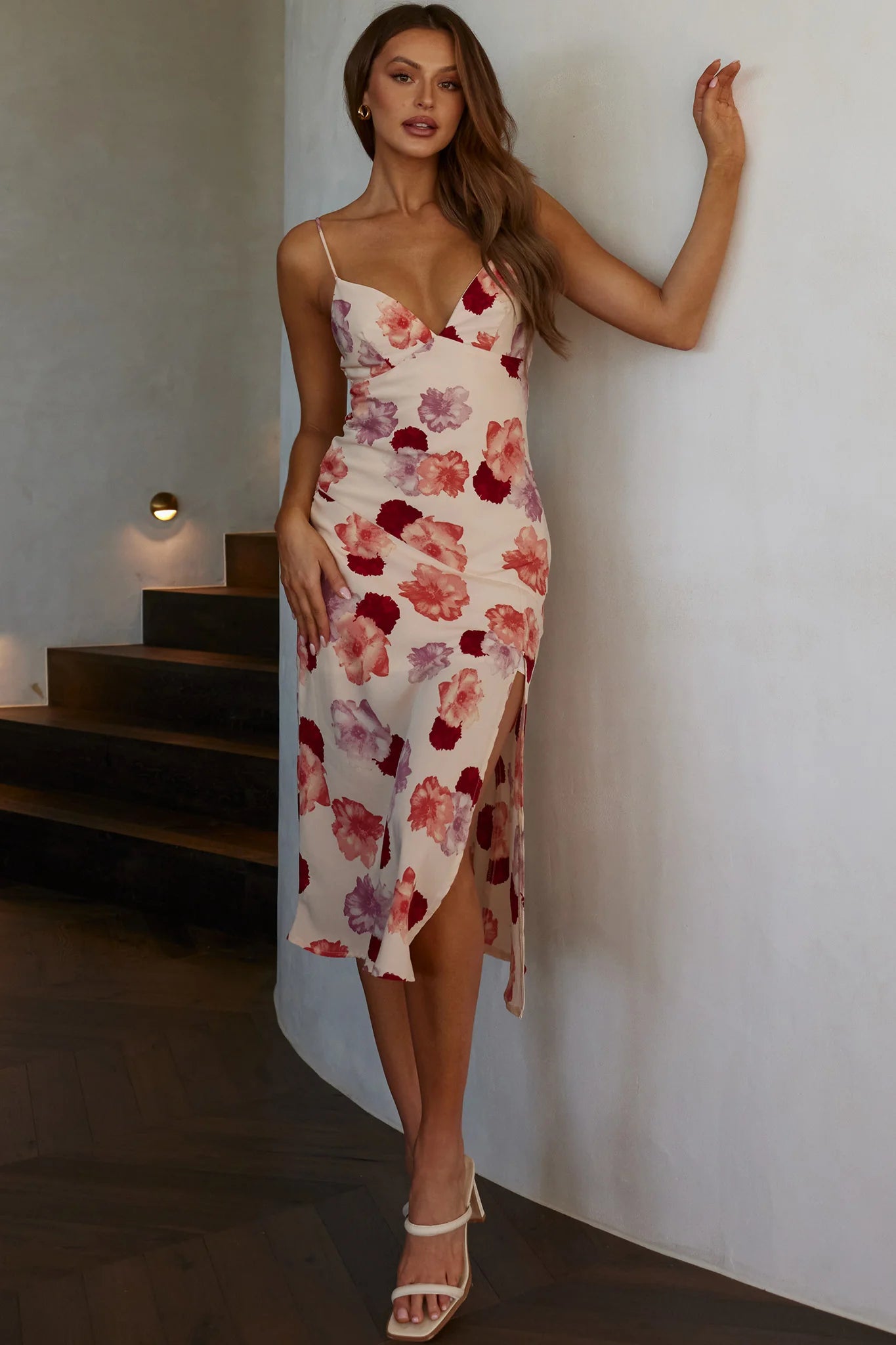 Downtown Cami Strap Front Split Midi Dress Flower Rose