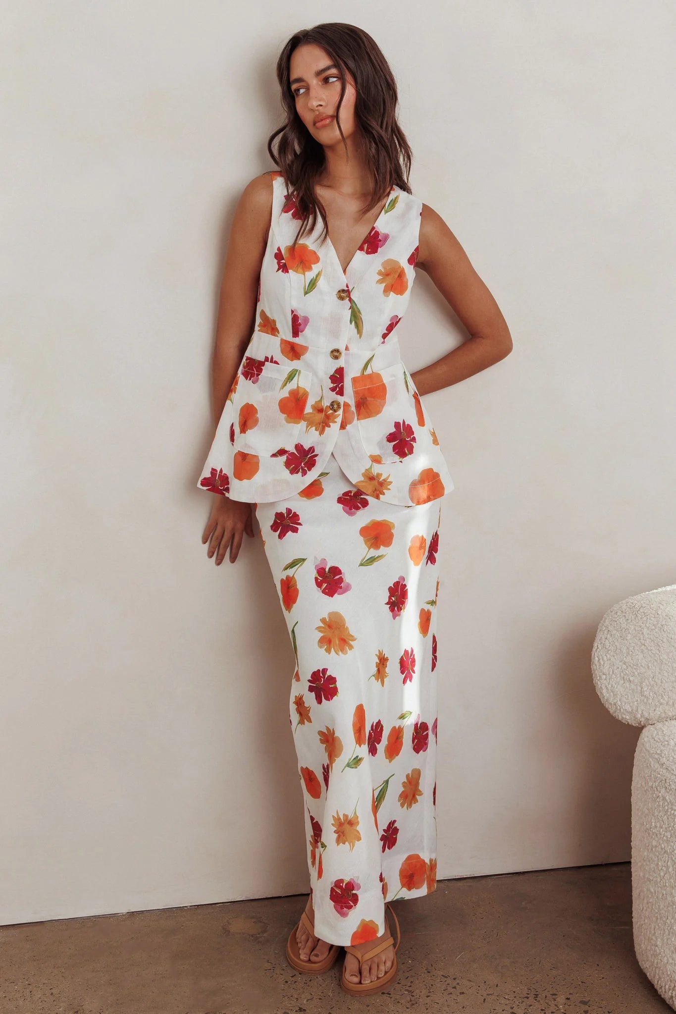 Philomena Button Front Pocket Vest Top Floral Orange Multi