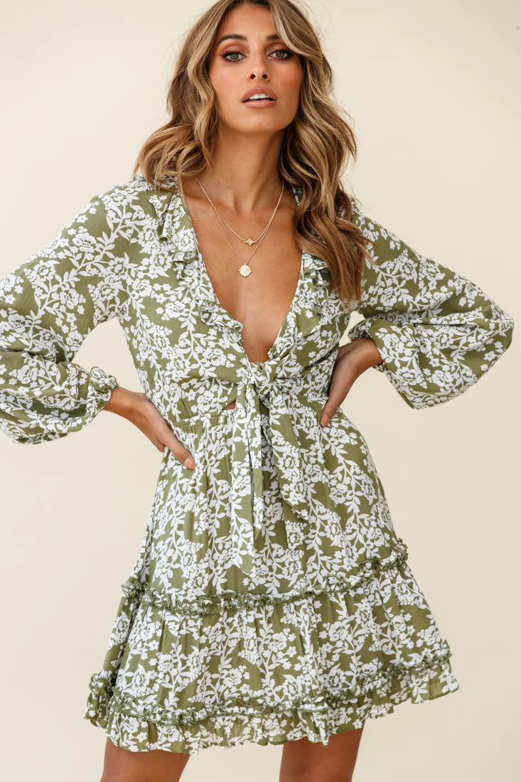 Sunny Daze Long Sleeve Tie-Knot Bust Dress Floral Print Olive