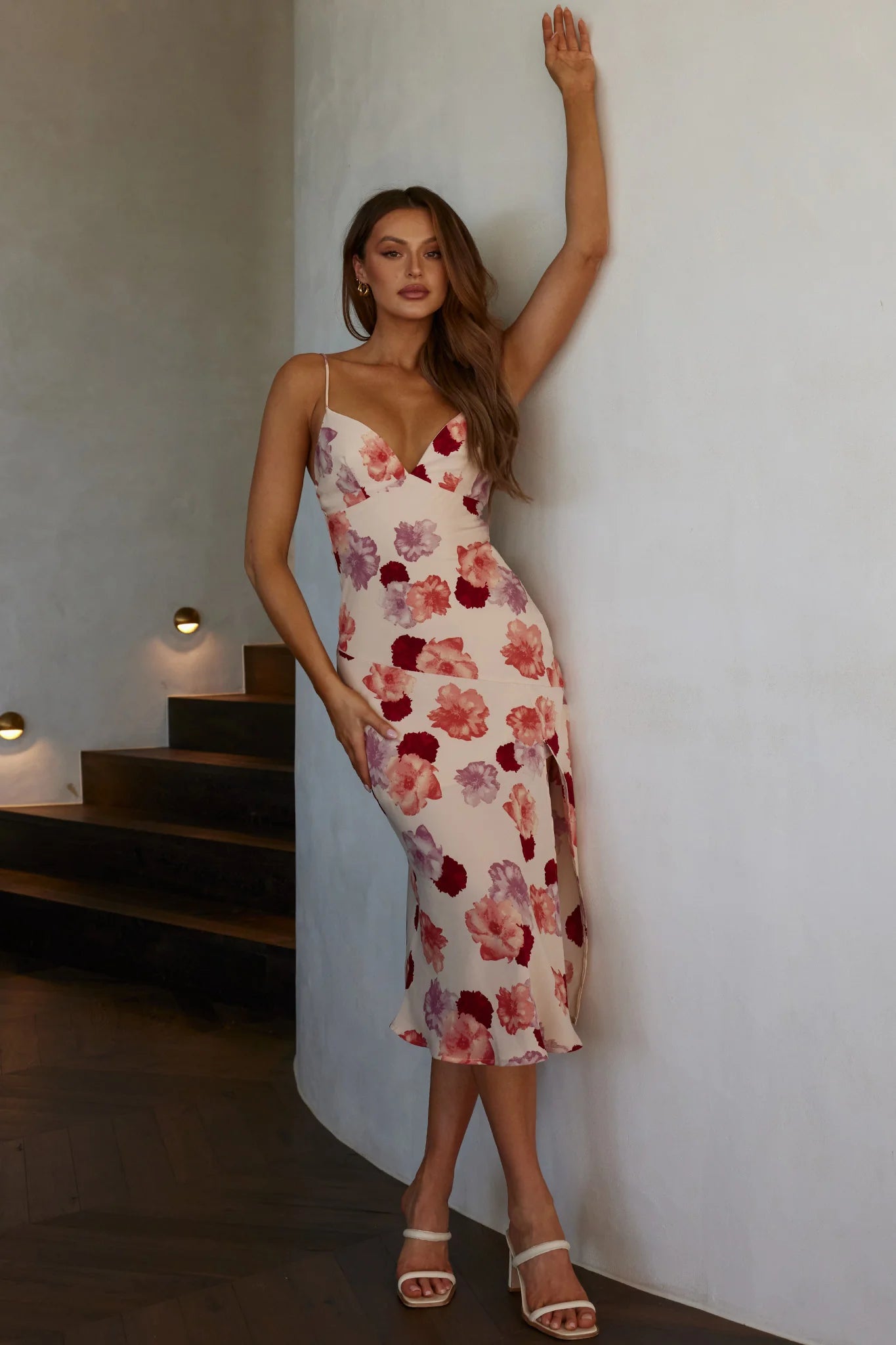 Downtown Cami Strap Front Split Midi Dress Flower Rose