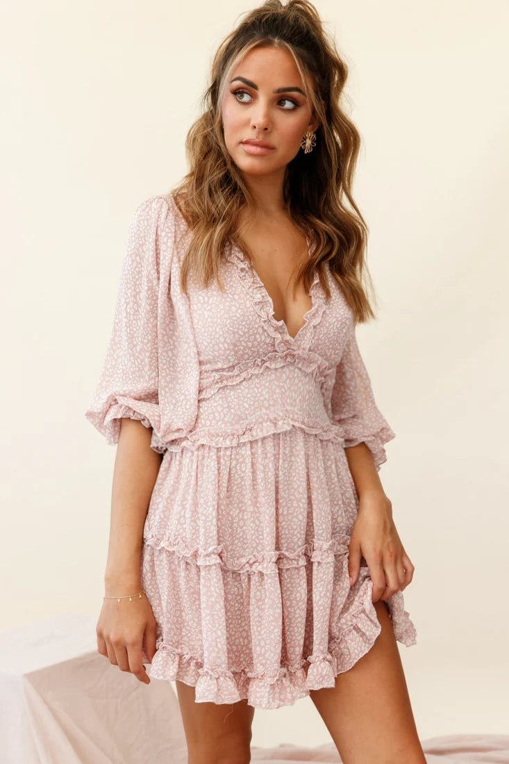 Laney Cutout Back Balloon Sleeve Dress Speckle Print Pink