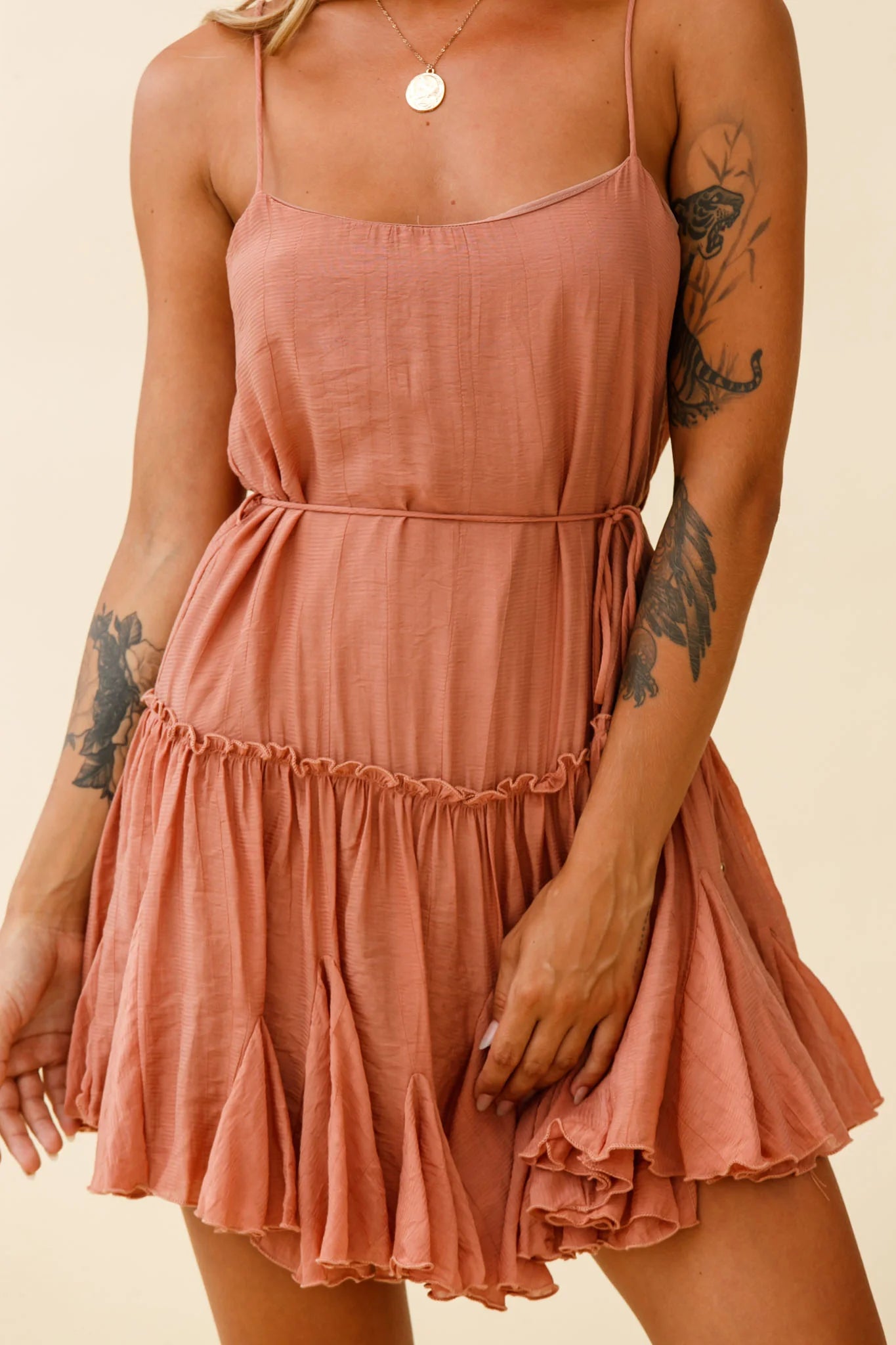 Rosabel Spaghetti Strap Fluted Hem Dress Rose