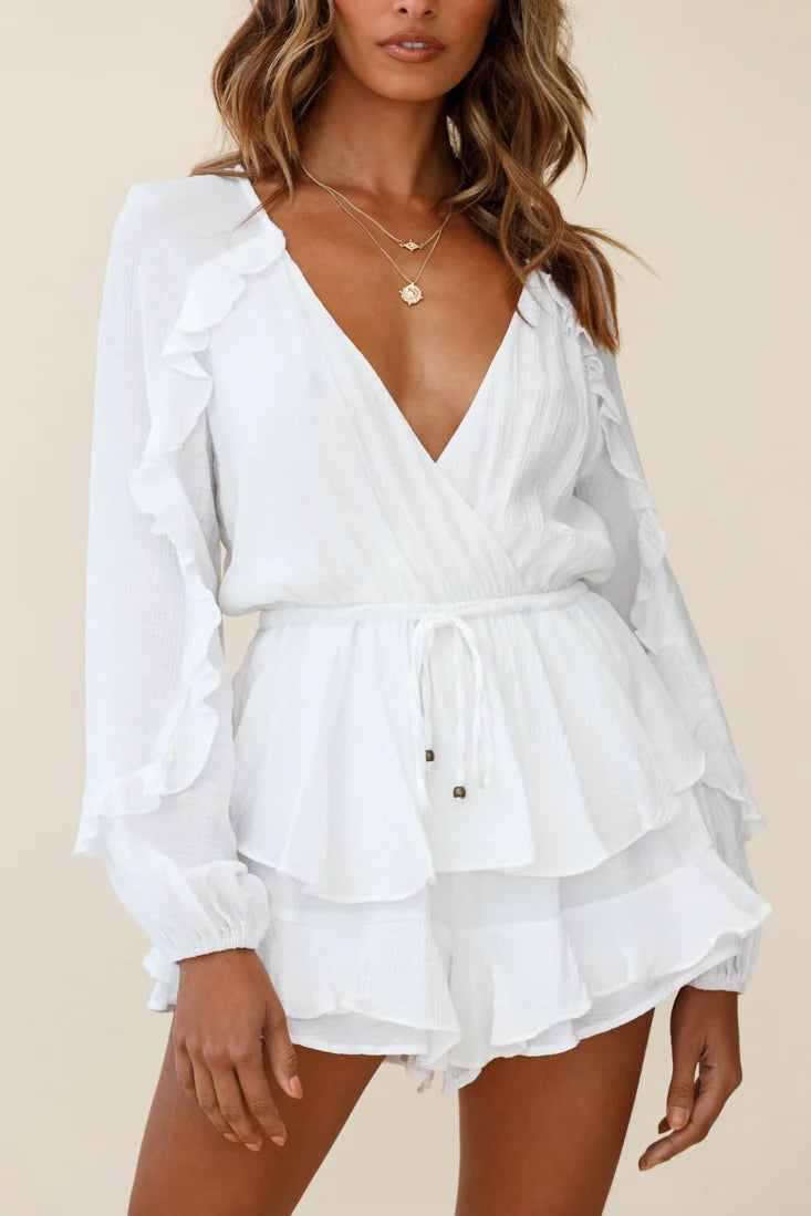 Nebula Long Sleeve Layered Ruffle Romper White