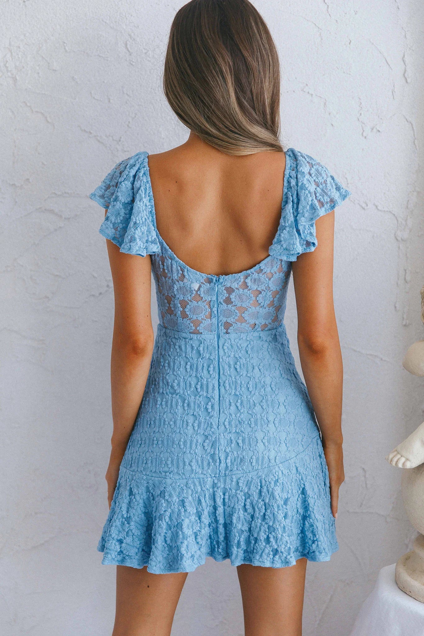 Secret Crush Flutter Sleeve Floral Lace Ruffle Hem Dress Blue