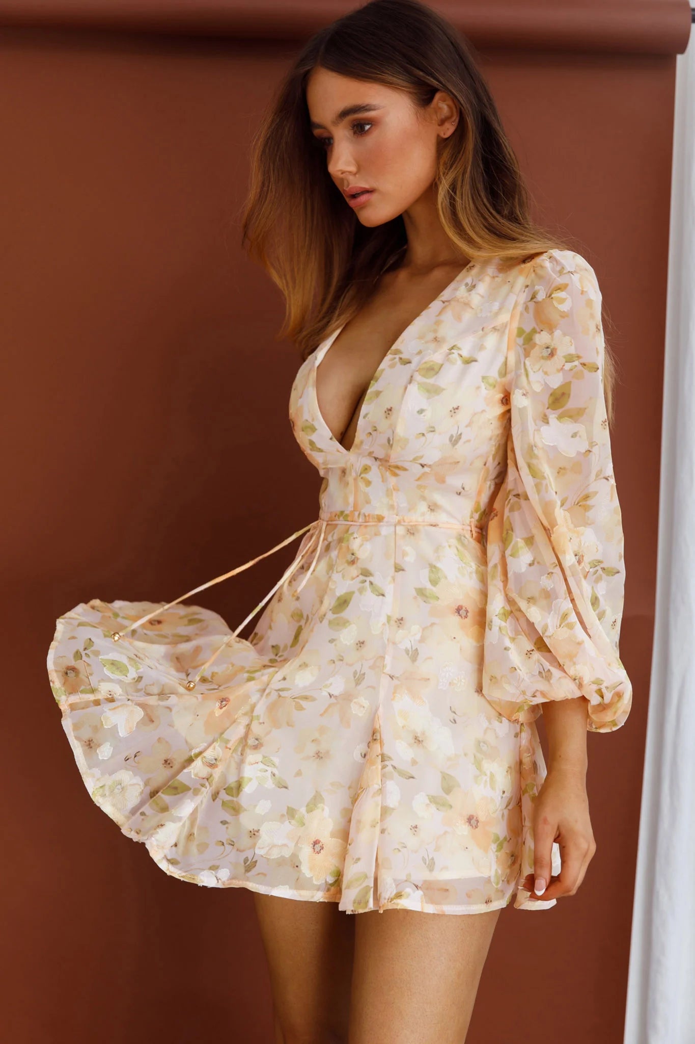 Estelle Long Sleeve V-Neckline Dress Watercolor Floral Print Peach