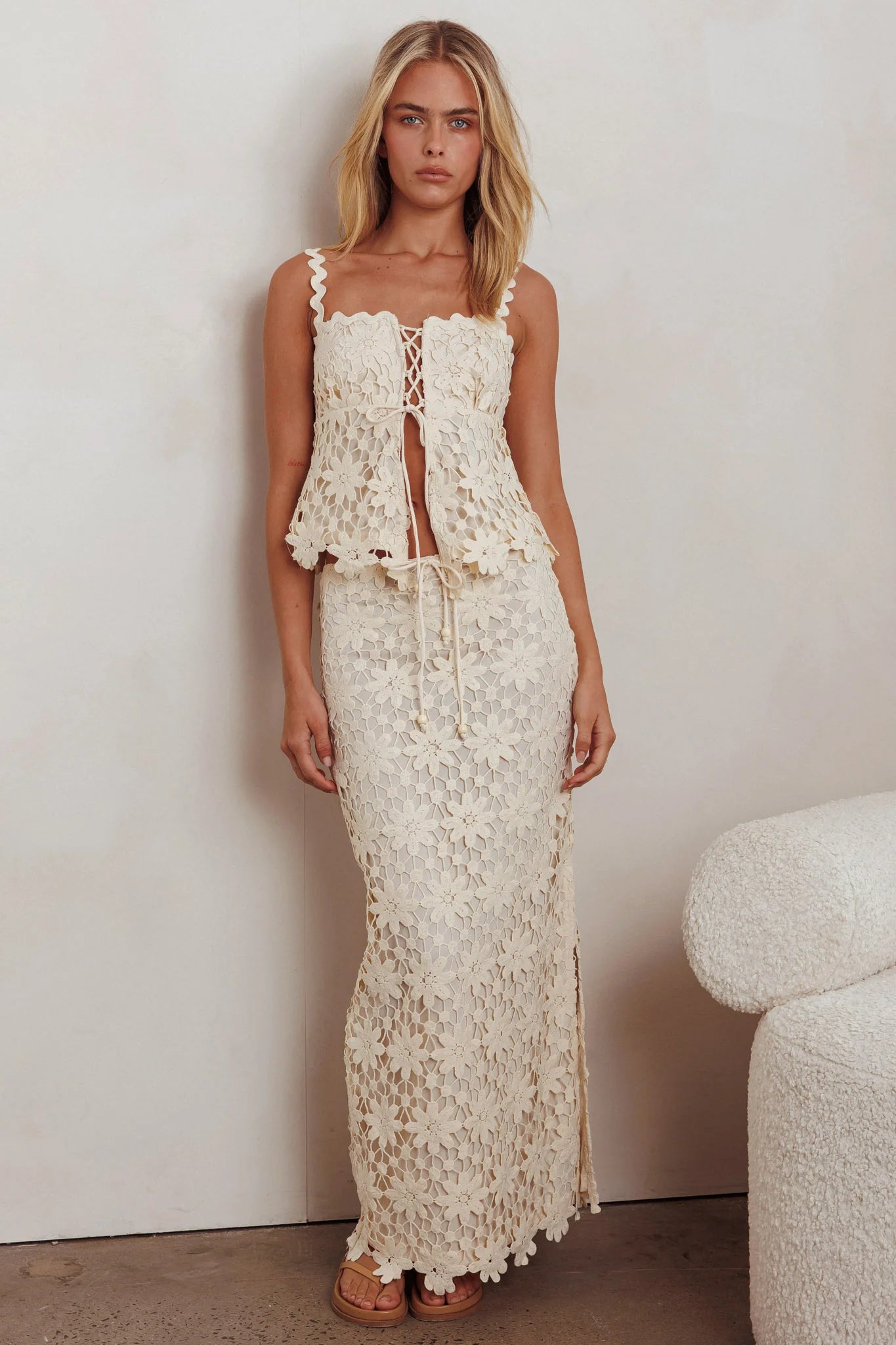 Sun Days Laced Bust Top Crochet Sand