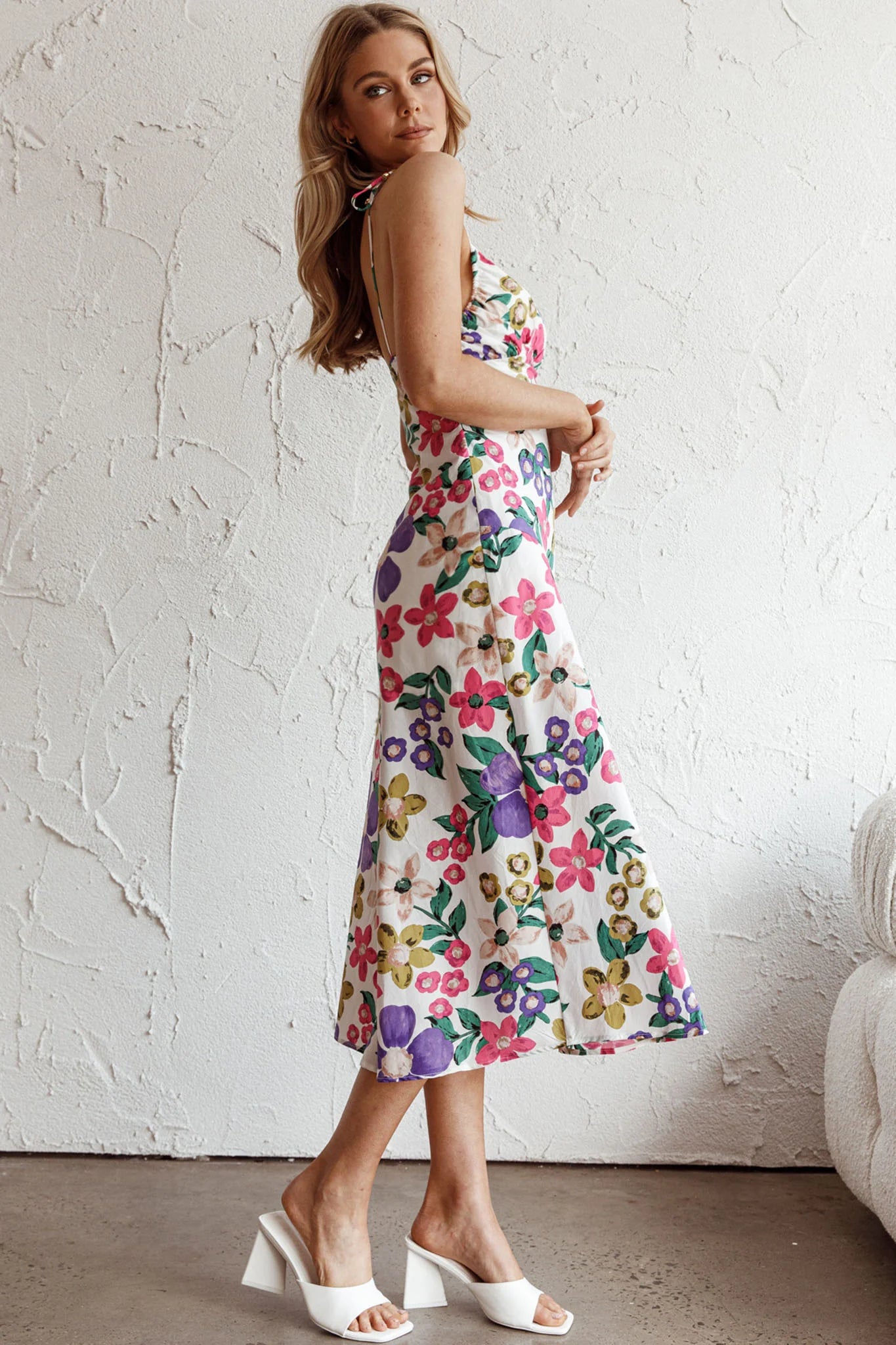 Clovelly Tied Shoulder Midi Dress Flower White