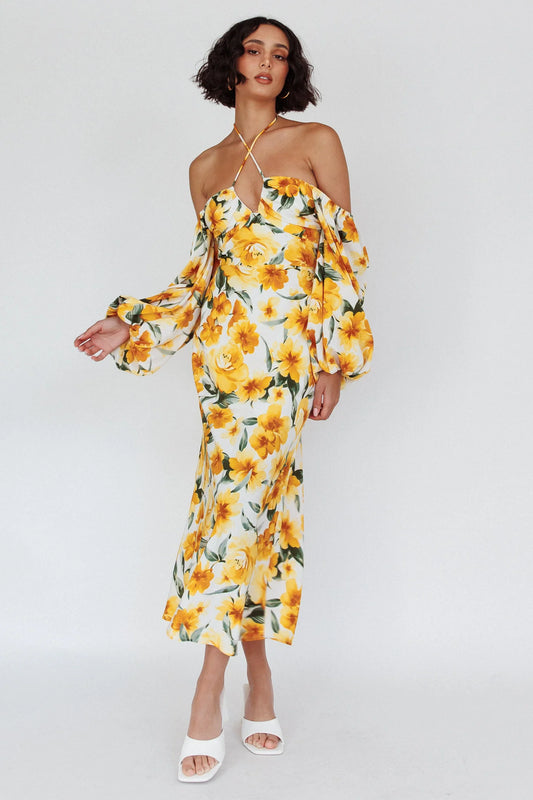 Nyree Long Sleeve Midi Dress Flowers Yellow