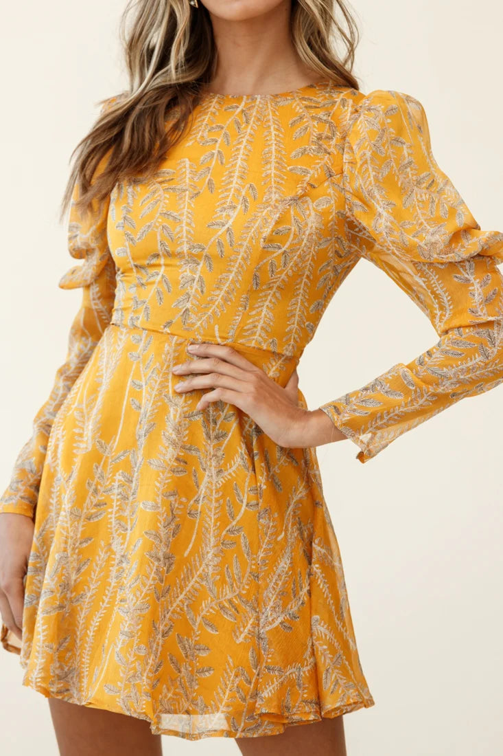 Ola Mutton Sleeve Lace-Up Back Dress Vine Print Mustard