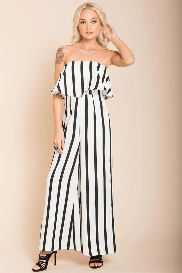 Posh Pin Stripe Ruffle Jumpsuit White