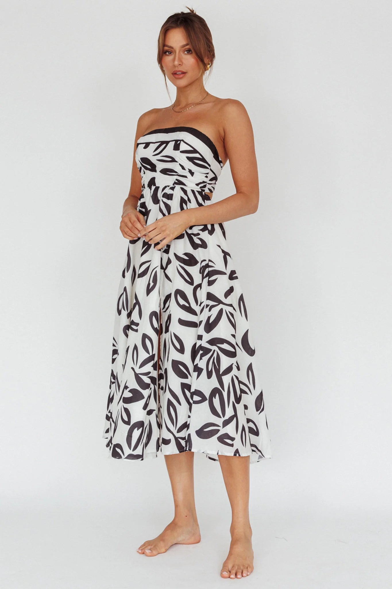 Randi Tie-Back Maxi Dress Leaf Print Beige