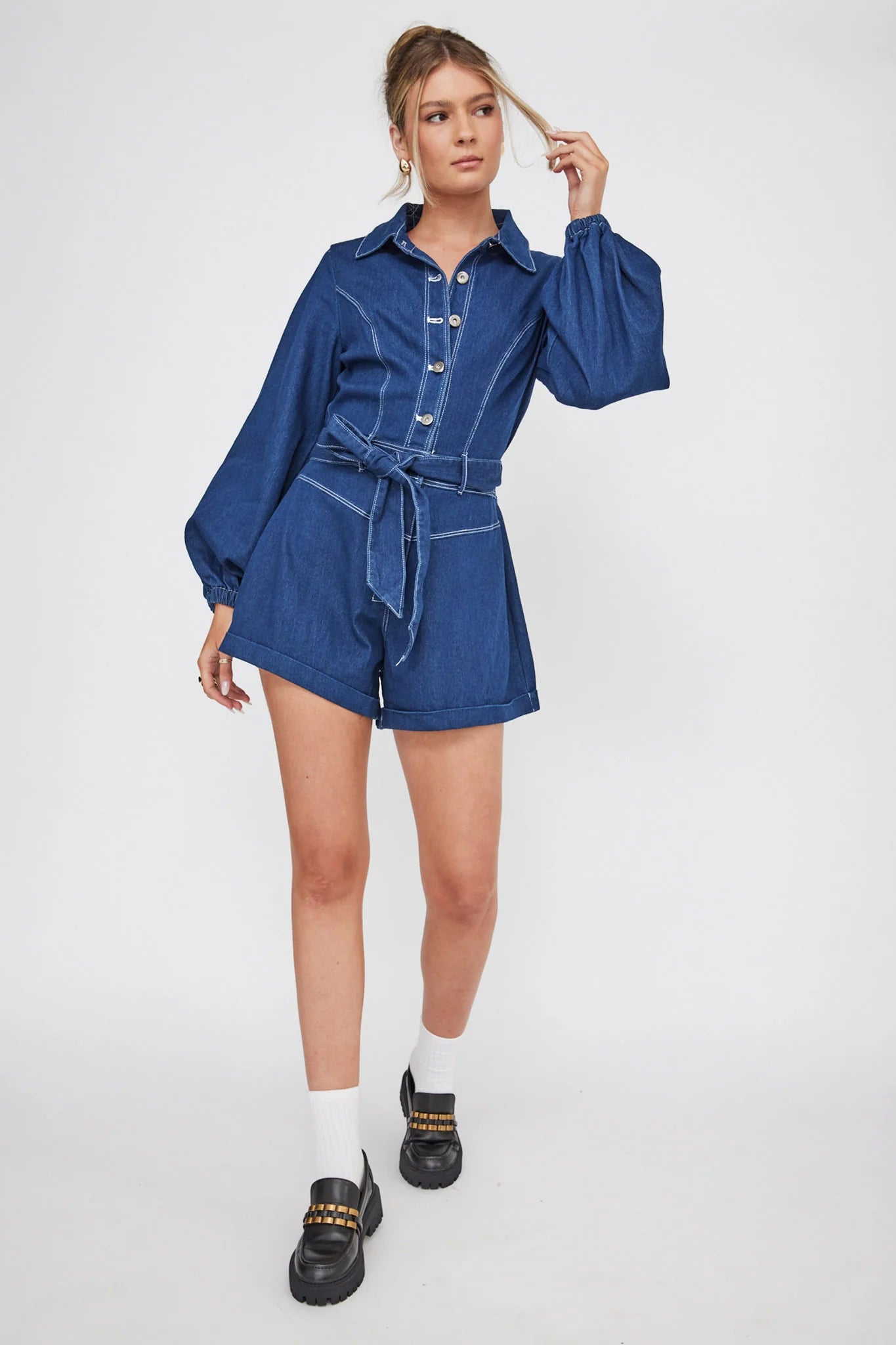 New Day Long Sleeve Button-Up Romper Indigo