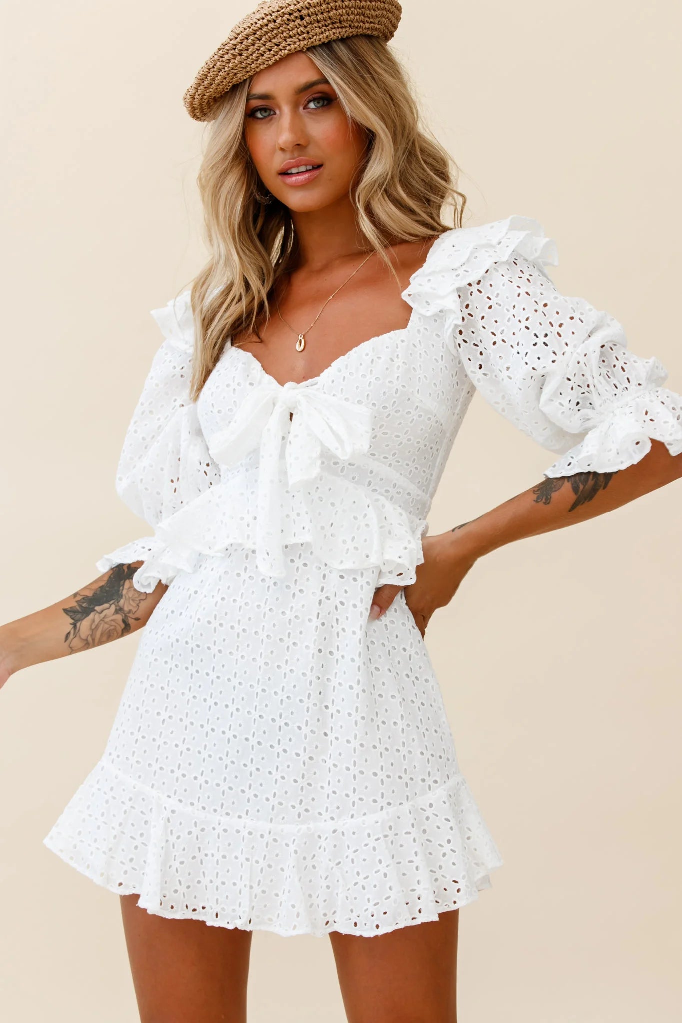 Say That Again Bust Tie Ruffle Trim Dress White
