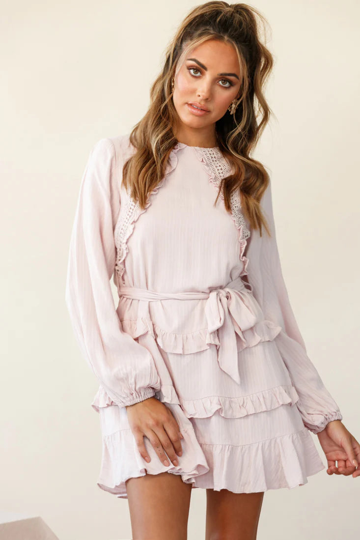 Dusk Long Sleeve Waist Tie Frill Dress Blush