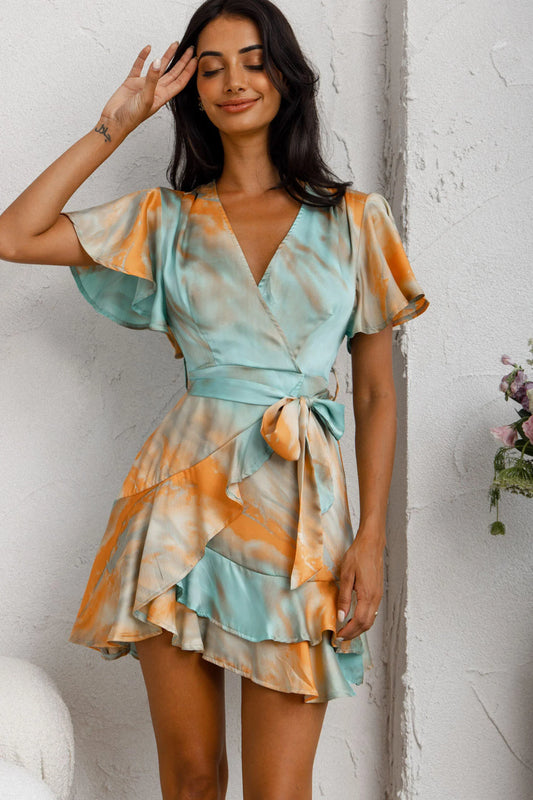 Cami Angel Sleeve Faux Wrap Dress Tie-Dye Print Aqua/Orange